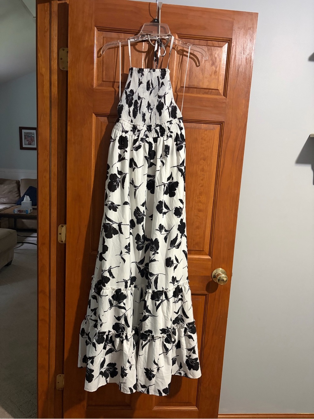 Miss Avenue Halter Maxi Dress in White with Black Floral Print. Open back